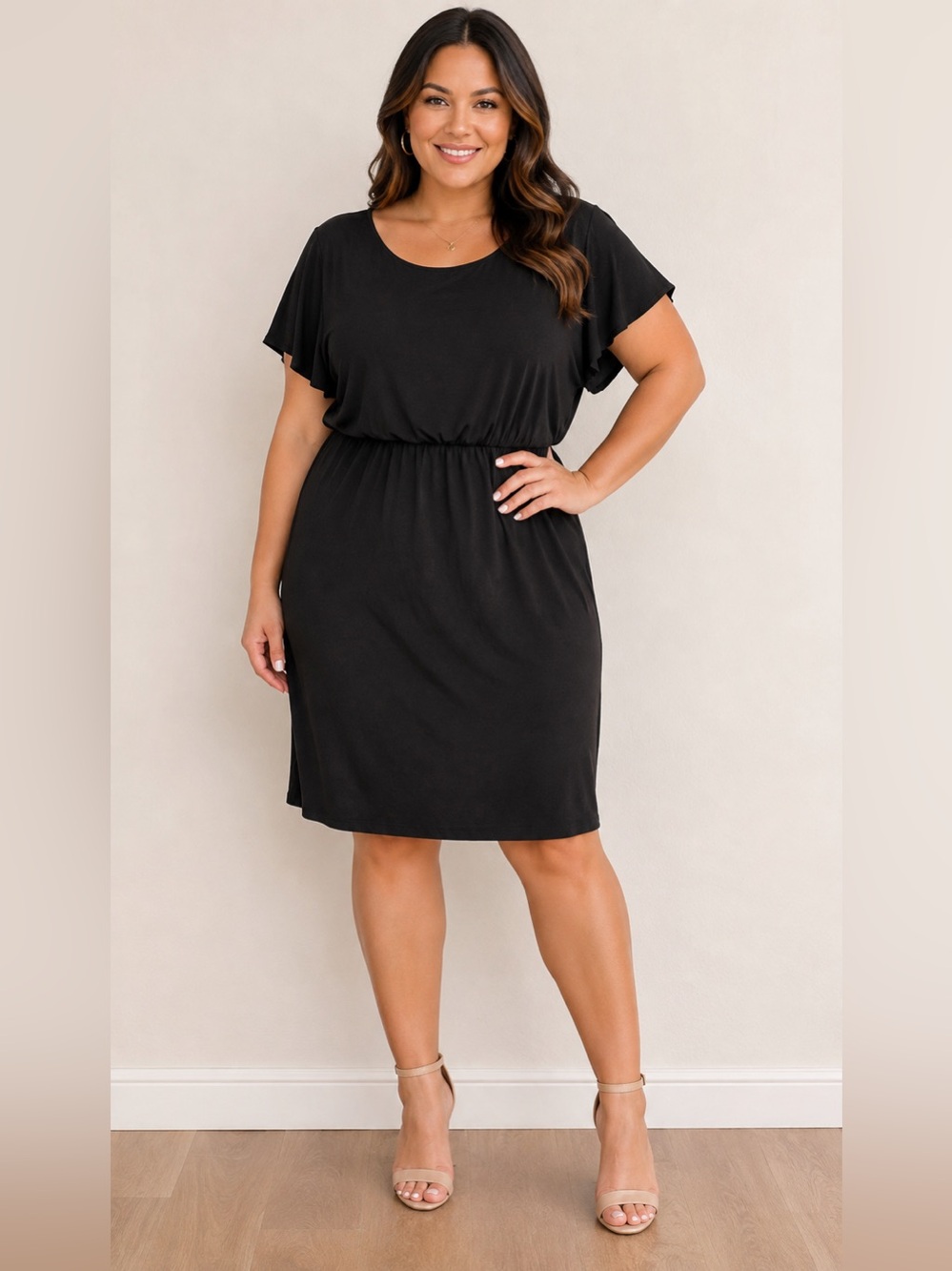 Anne Klein Black Blouson Dress with Flutter Sleeves